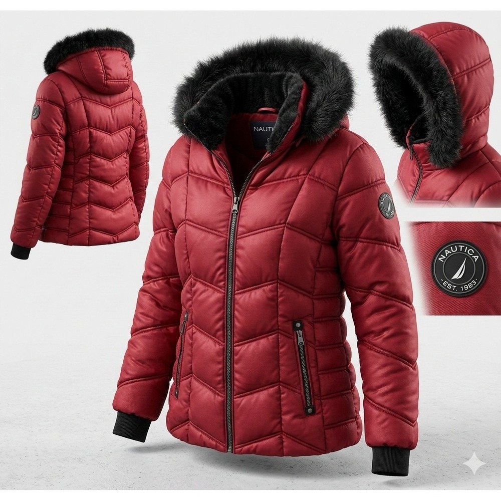 Nautica Women's Red Hooded Full Zip Puffer Coat. Size XXL
